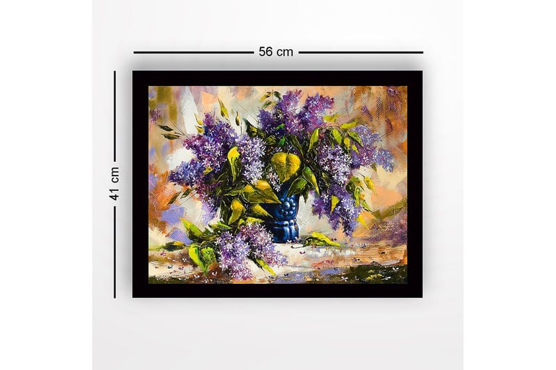 Indrammet lærredstryk i træ - 41x56 cm - Farverig buket af lilla blomster i en blå vase - Lilla / Grøn / Blå - Boligtilbehør - Billeder & kunst