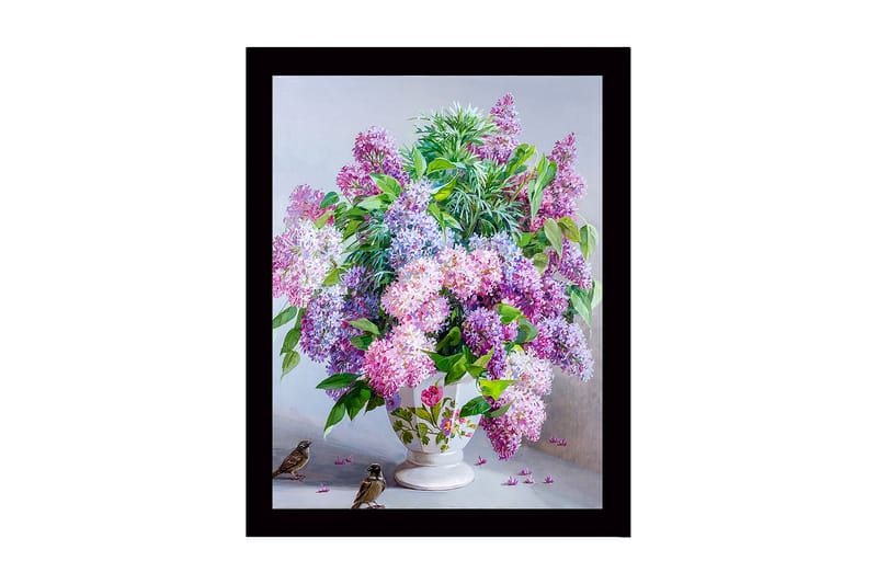 Indrammet lærredstryk i træ - 41x56 cm - Farverig buket af lilla blomster i en smuk vase, Lilla / Grøn / Hvid
