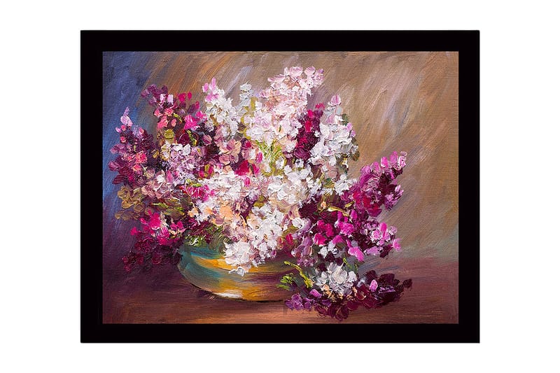 Indrammet lærredstryk i træ - 41x56 cm - Farverig buket blomster i en skål, Lilla / Hvid / Grøn