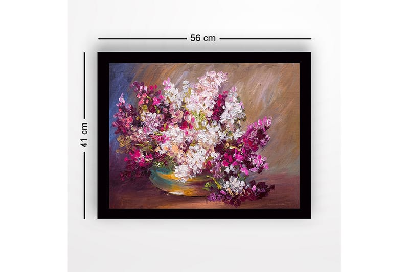 Indrammet lærredstryk i træ - 41x56 cm - Farverig buket blomster i en skål - Lilla / Hvid / Grøn - Boligtilbehør - Billeder & kunst
