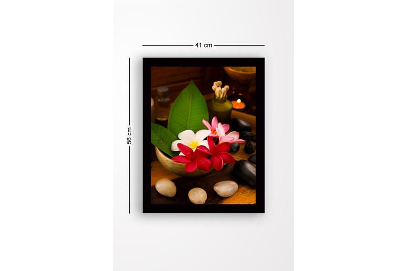 Indrammet lærredstryk i træ - 41x56 cm - Farverig buket blomster i en sk ål - Rød / Hvid / Grøn - Boligtilbehør - Billeder & kunst