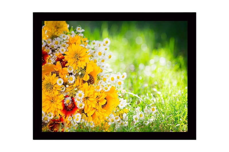 Indrammet lærredstryk i træ - 41x56 cm - Farverig buket blomster i gul og hvid, Gul / Hvid