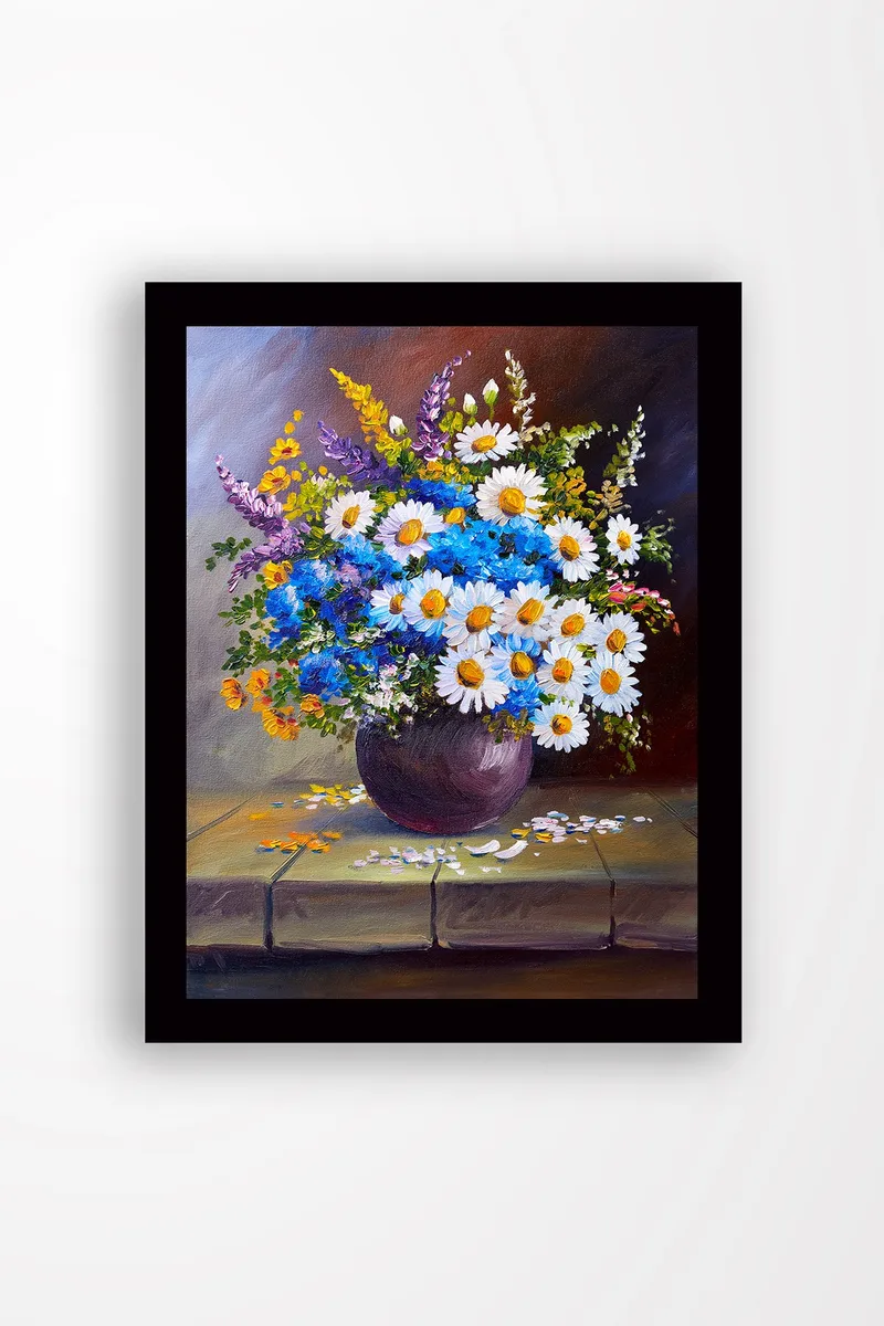 Indrammet lærredstryk i træ - 41x56 cm - Farverig buket blomster i vase, Blå / Hvid / Gul