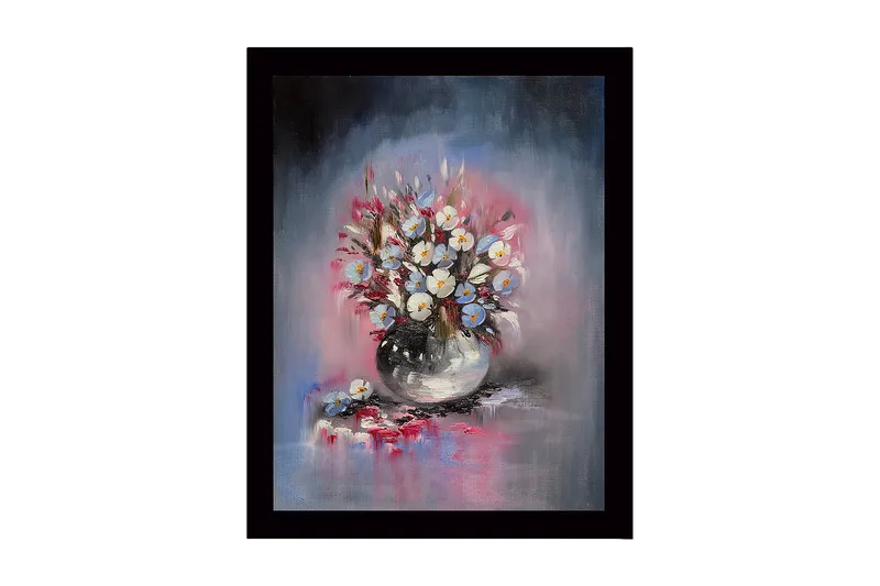 Indrammet lærredstryk i træ - 41x56 cm - Farverig buket blomster i vase, Blå / Hvid / Lyserød
