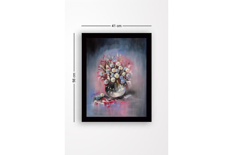 Indrammet lærredstryk i træ - 41x56 cm - Farverig buket blomster i vase - Blå / Hvid / Lyserød - Boligtilbehør - Billeder & kunst