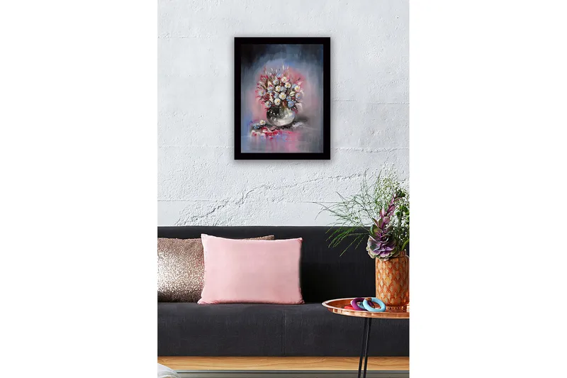 Indrammet lærredstryk i træ - 41x56 cm - Farverig buket blomster i vase - Blå / Hvid / Lyserød - Boligtilbehør - Billeder & kunst