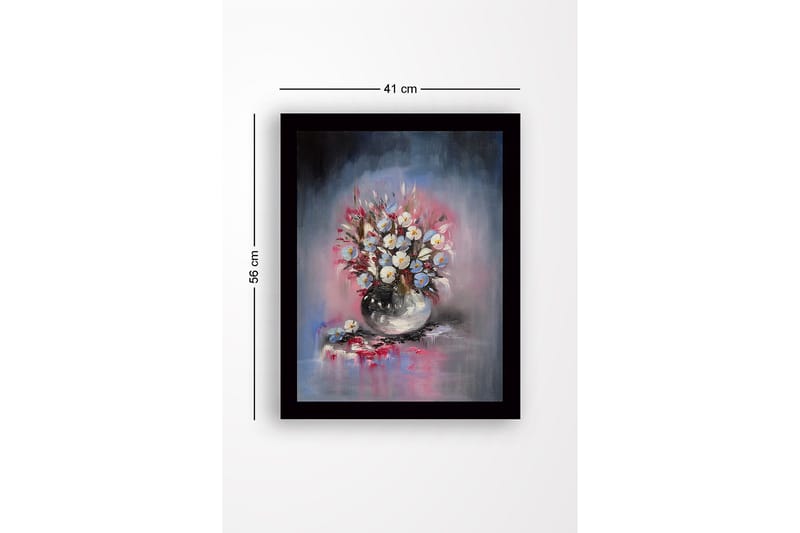 Indrammet lærredstryk i træ - 41x56 cm - Farverig buket blomster i vase - Blå / Hvid / Lyserød - Boligtilbehør - Billeder & kunst