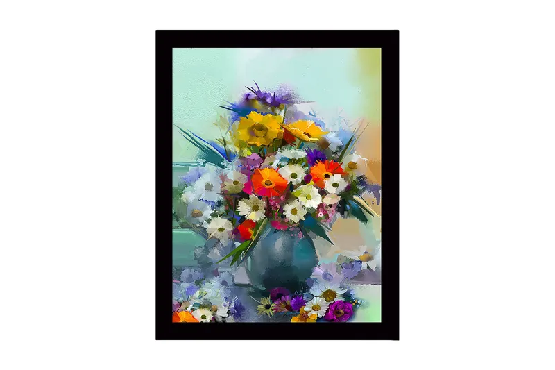 Indrammet lærredstryk i træ - 41x56 cm - Farverig buket blomster i vase, Gul / Grøn / Lilla