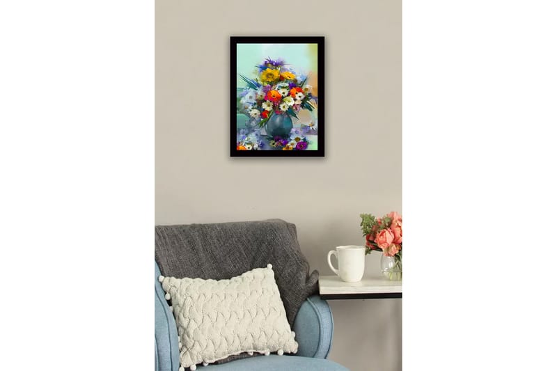 Indrammet lærredstryk i træ - 41x56 cm - Farverig buket blomster i vase - Gul / Grøn / Lilla - Boligtilbehør - Billeder & kunst