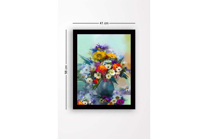 Indrammet lærredstryk i træ - 41x56 cm - Farverig buket blomster i vase - Gul / Grøn / Lilla - Boligtilbehør - Billeder & kunst