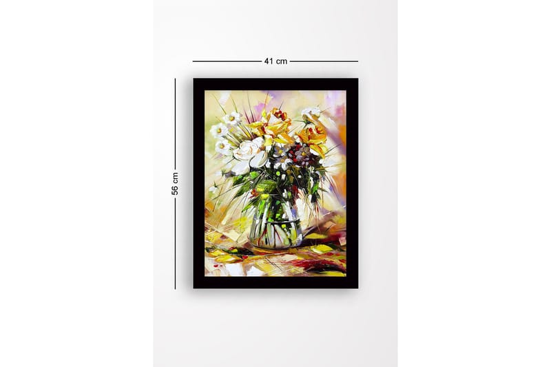 Indrammet lærredstryk i træ - 41x56 cm - Farverig buket blomster i vase - Hvid / Gul / Grøn - Boligtilbehør - Billeder & kunst