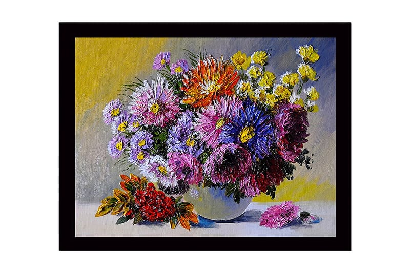 Indrammet lærredstryk i træ - 41x56 cm - Farverig buket blomster i vase, Lilla / Gul / Rød