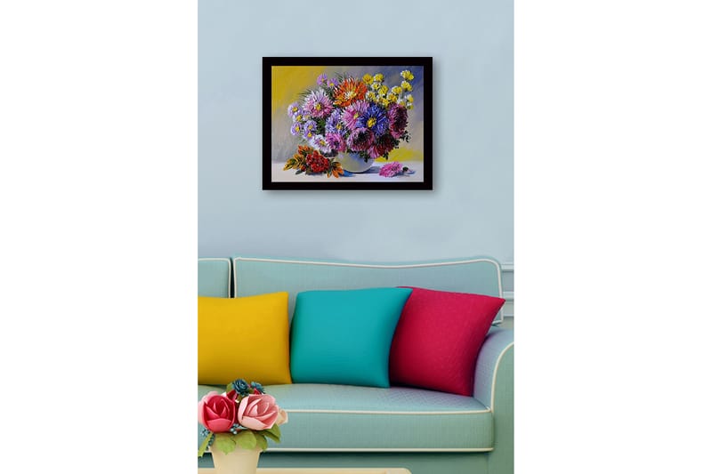 Indrammet lærredstryk i træ - 41x56 cm - Farverig buket blomster i vase - Lilla / Gul / Rød - Boligtilbehør - Billeder & kunst