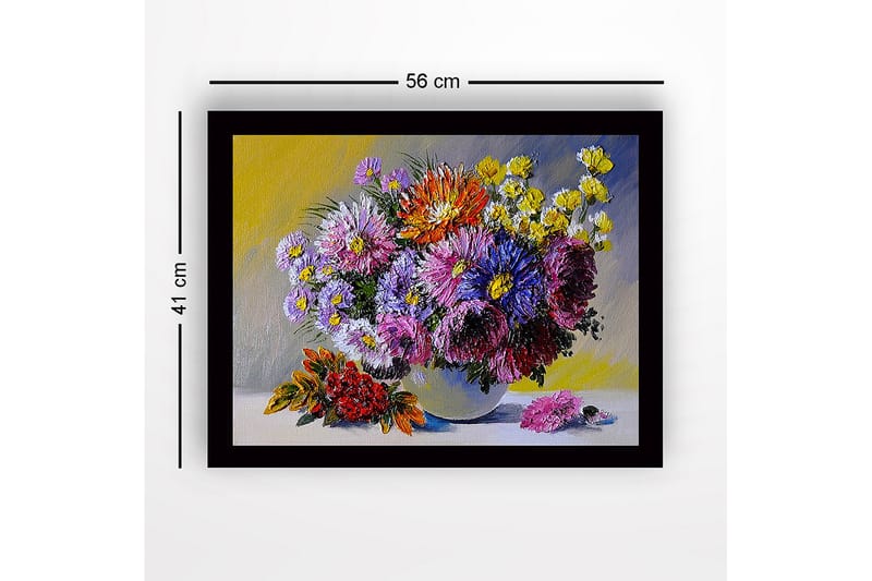 Indrammet lærredstryk i træ - 41x56 cm - Farverig buket blomster i vase - Lilla / Gul / Rød - Boligtilbehør - Billeder & kunst