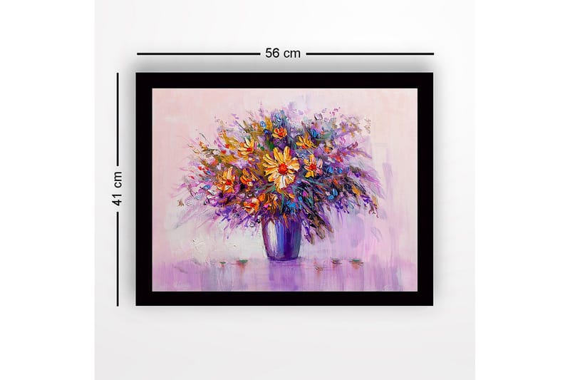 Indrammet lærredstryk i træ - 41x56 cm - Farverig buket blomster i vase - Lilla / Orange / Gul - Boligtilbehør - Billeder & kunst