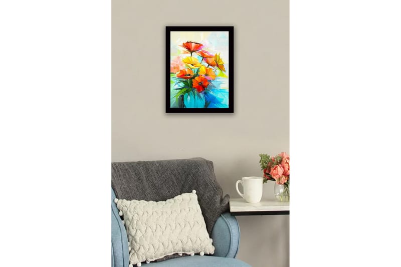 Indrammet lærredstryk i træ - 41x56 cm - Farverig buket blomster i vase - Rød / Gul / Grøn - Boligtilbehør - Billeder & kunst