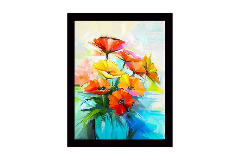 Indrammet lærredstryk i træ - 41x56 cm - Farverig buket blomster i vase, Rød / Gul / Grøn