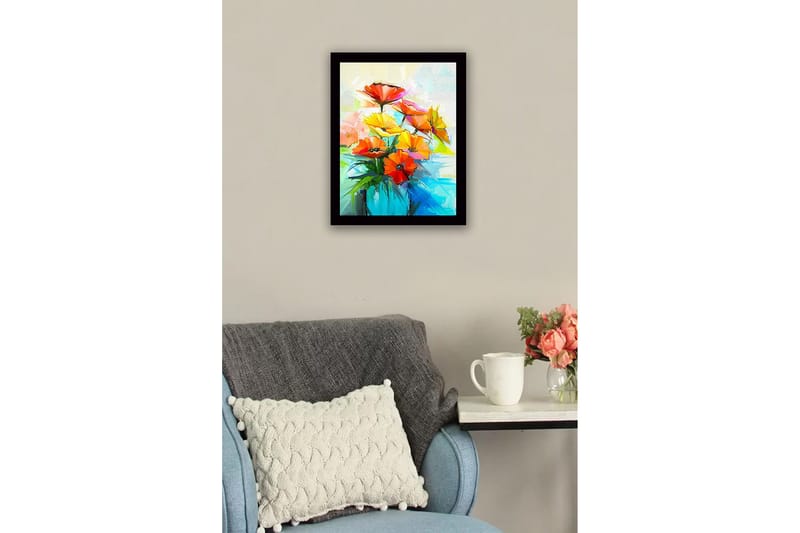 Indrammet lærredstryk i træ - 41x56 cm - Farverig buket blomster i vase - Rød / Gul / Grøn - Boligtilbehør - Billeder & kunst