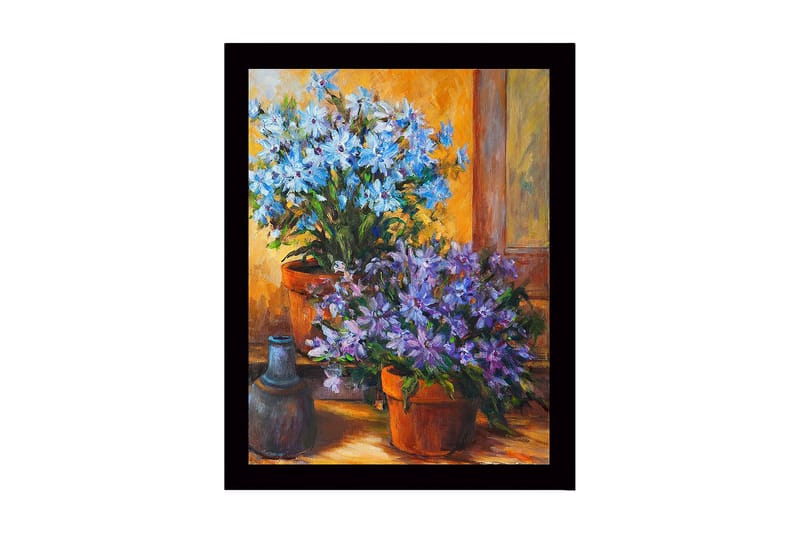 Indrammet lærredstryk i træ - 41x56 cm - Farverig buket blomster i potter, Blå / Lilla / Grøn