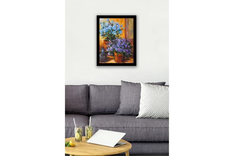 Indrammet lærredstryk i træ - 41x56 cm - Farverig buket blomster i potter - Blå / Lilla / Grøn - Boligtilbehør - Billeder & kunst