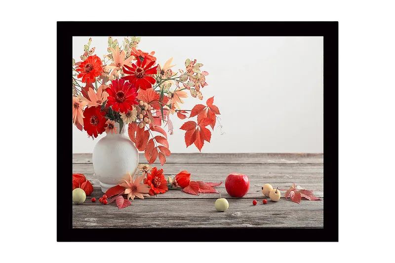 Indrammet lærredstryk i træ - 41x56 cm - Farverig buket blomster og frugter i en vase, Rød / Orange / Grøn