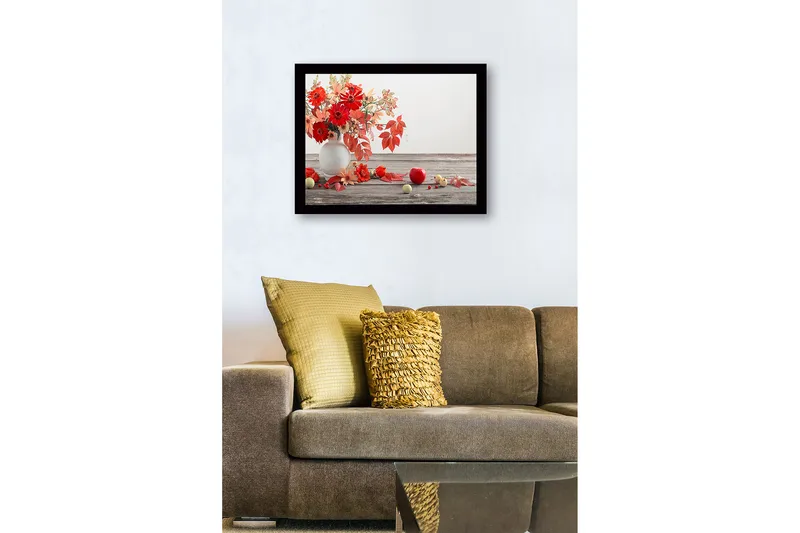 Indrammet lærredstryk i træ - 41x56 cm - Farverig buket blomster og frugter i en vase - Rød / Orange / Grøn - Boligtilbehør - Billeder & kunst