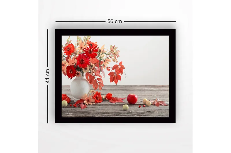 Indrammet lærredstryk i træ - 41x56 cm - Farverig buket blomster og frugter i en vase - Rød / Orange / Grøn - Boligtilbehør - Billeder & kunst