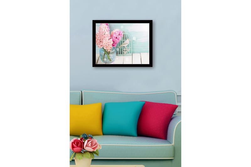 Indrammet lærredstryk i træ - 41x56 cm - Farverig buket hyacinter i en glasvase - Lys pink / Lyseblå / Mintgrøn - Boligtilbehør - Billeder & kunst