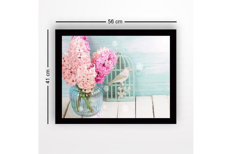 Indrammet lærredstryk i træ - 41x56 cm - Farverig buket hyacinter i en glasvase - Lys pink / Lyseblå / Mintgrøn - Boligtilbehør - Billeder & kunst