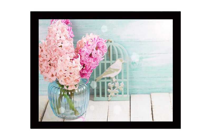 Indrammet lærredstryk i træ - 41x56 cm - Farverig buket hyacinter i en glasvase, Lys pink / Lyseblå / Mintgrøn