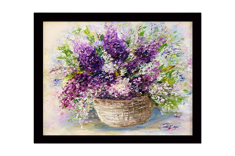 Indrammet lærredstryk i træ - 41x56 cm - Farverig buket liljer i en kurv, Lilla / Grøn / Hvid