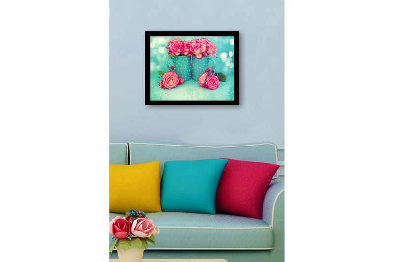 Indrammet lærredstryk i træ - 41x56 cm - Farverig buket roser i blå kopper - Lyserød / Turkis - Boligtilbehør - Billeder & kunst