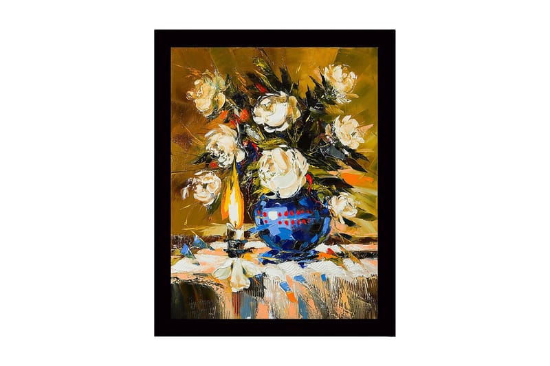 Indrammet lærredstryk i træ - 41x56 cm - Farverig buket roser i en blå vase, Hvid / Blå / Grøn