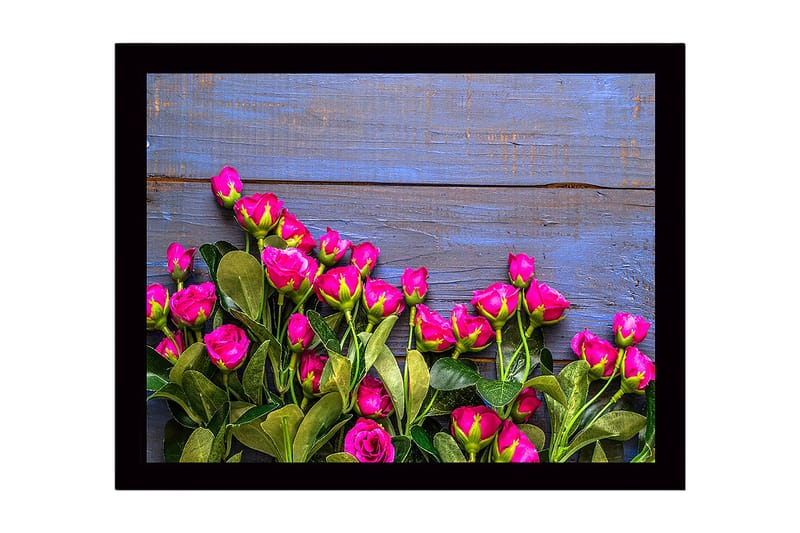 Indrammet lærredstryk i træ - 41x56 cm - Farverig buket roser mod en blå baggrund, Lyserød / Grøn / Blå