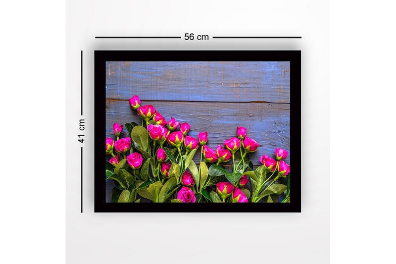 Indrammet lærredstryk i træ - 41x56 cm - Farverig buket roser mod en blå baggrund - Lyserød / Grøn / Blå - Boligtilbehør - Billeder & kunst