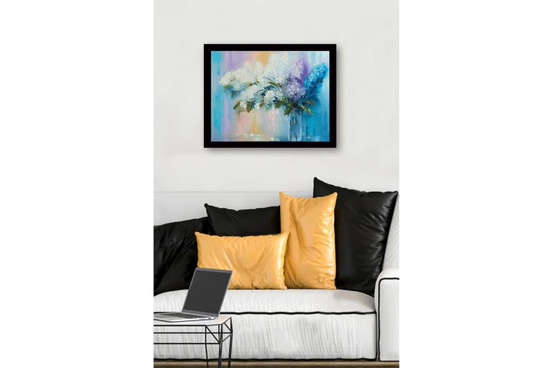 Indrammet lærredstryk i træ - 41x56 cm - Farverig buket syrener i en glasvase - Hvid / Lilla / Turkis - Boligtilbehør - Billeder & kunst