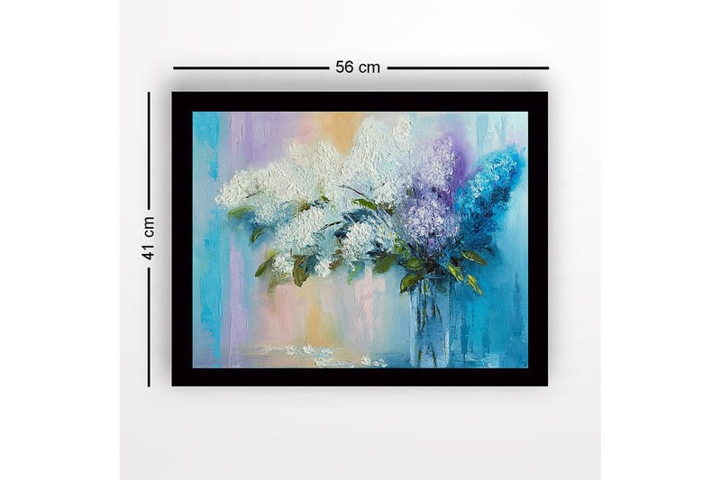 Indrammet lærredstryk i træ - 41x56 cm - Farverig buket syrener i en glasvase - Hvid / Lilla / Turkis - Boligtilbehør - Billeder & kunst