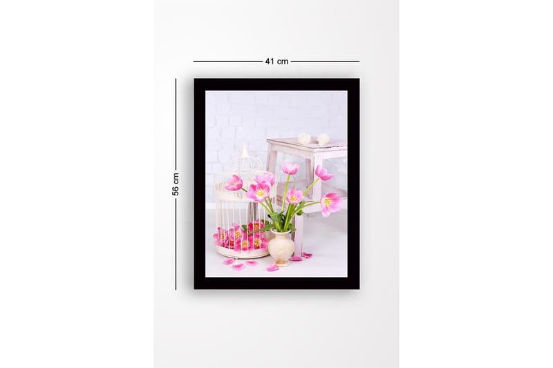 Indrammet lærredstryk i træ - 41x56 cm - Farverig buket tulipaner i vase - Lyserød / Grøn / Beige - Boligtilbehør - Billeder & kunst