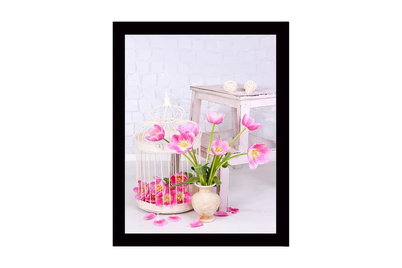 Indrammet lærredstryk i træ - 41x56 cm - Farverig buket tulipaner i vase, Lyserød / Grøn / Beige
