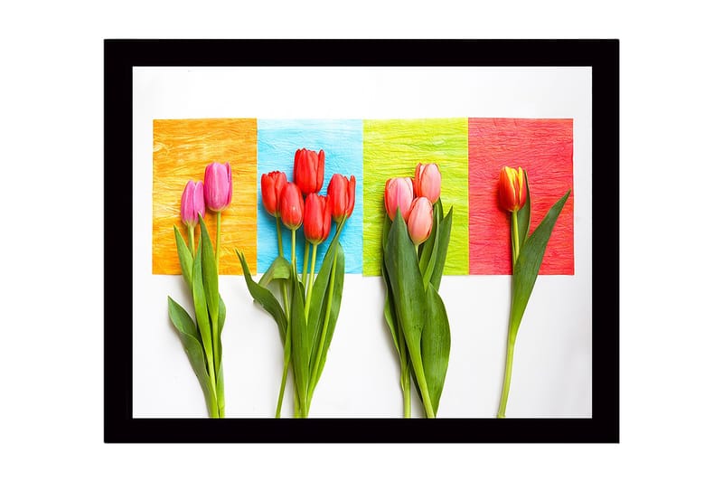 Indrammet lærredstryk i træ - 41x56 cm - Farverig buket tulipaner mod en levende baggrund, Rød / Pink / Grøn