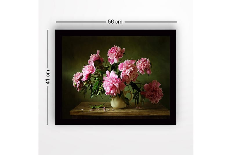Indrammet lærredstryk i træ - 41x56 cm - Farverig buket pæoner i en keramikvase - Lyserød / Grøn / Beige - Boligtilbehør - Billeder & kunst