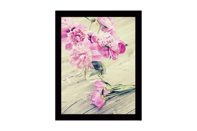 Indrammet lærredstryk i træ - 41x56 cm - Farverig buket pæoner i en glasvase, Lyserød / Grøn