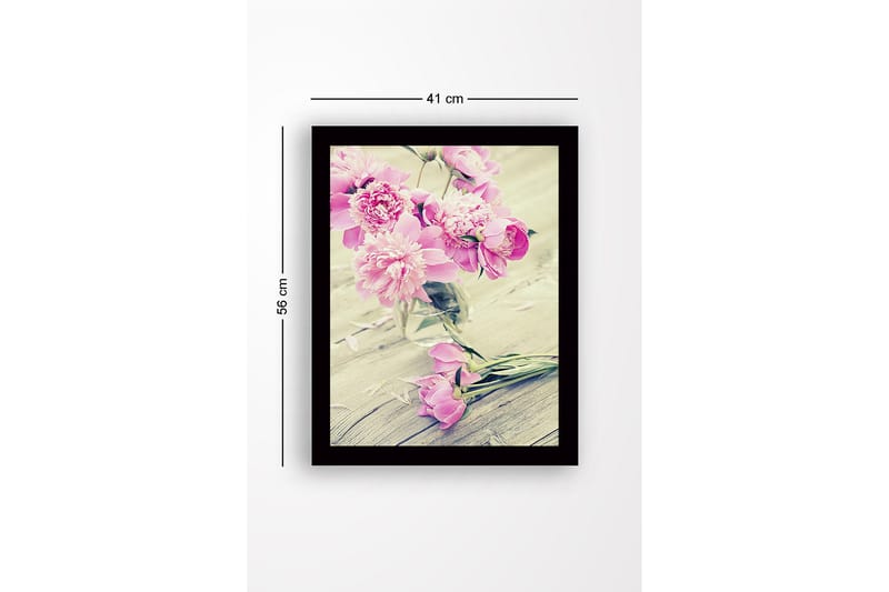 Indrammet lærredstryk i træ - 41x56 cm - Farverig buket pæoner i en glasvase - Lyserød / Grøn - Boligtilbehør - Billeder & kunst