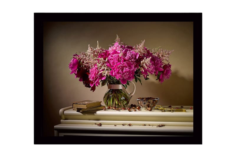 Indrammet lærredstryk i træ - 41x56 cm - Farverig buket pæoner i en glasvase, Lyserød / Grøn / Hvid