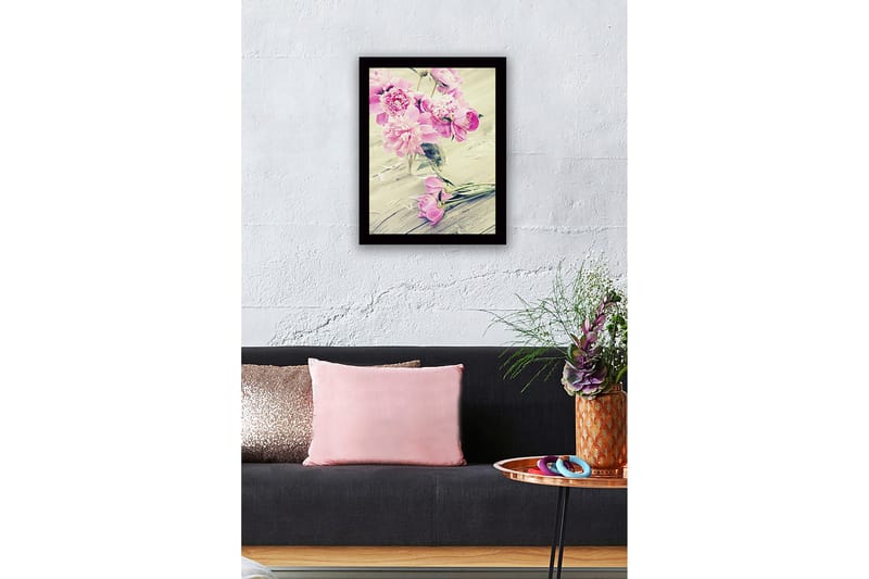 Indrammet lærredstryk i træ - 41x56 cm - Farverig buket pæoner i en glasvase - Lyserød / Grøn - Boligtilbehør - Billeder & kunst