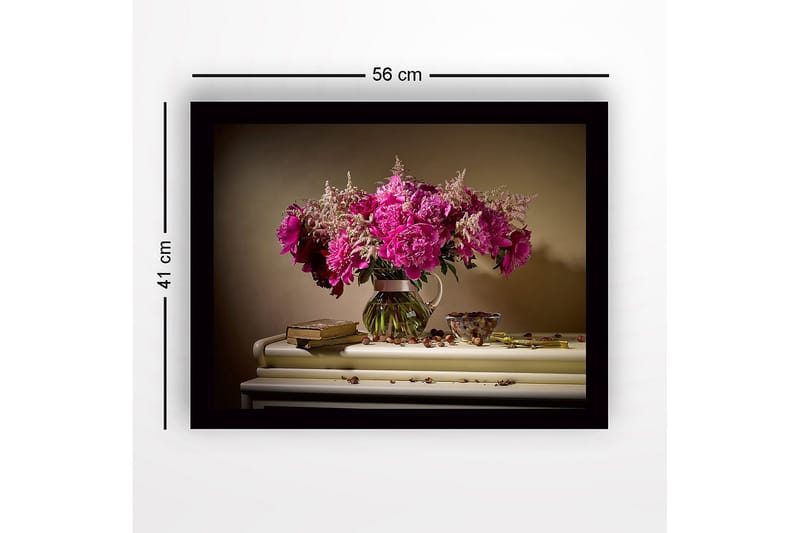 Indrammet lærredstryk i træ - 41x56 cm - Farverig buket pæoner i en glasvase - Lyserød / Grøn / Hvid - Boligtilbehør - Billeder & kunst