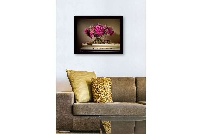Indrammet lærredstryk i træ - 41x56 cm - Farverig buket pæoner i en glasvase - Lyserød / Grøn / Hvid - Boligtilbehør - Billeder & kunst