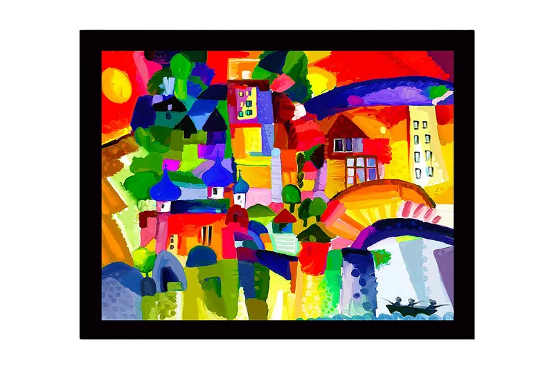 Indrammet lærredstryk i træ - 41x56 cm - Farverig bysilhuet med kupler og bygninger, Rød / Grøn / Blå