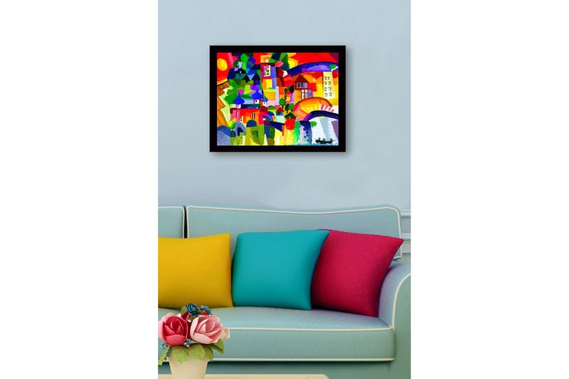 Indrammet lærredstryk i træ - 41x56 cm - Farverig bysilhuet med kupler og bygninger - Rød / Grøn / Blå - Boligtilbehør - Billeder & kunst