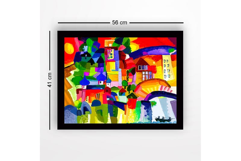 Indrammet lærredstryk i træ - 41x56 cm - Farverig bysilhuet med kupler og bygninger - Rød / Grøn / Blå - Boligtilbehør - Billeder & kunst